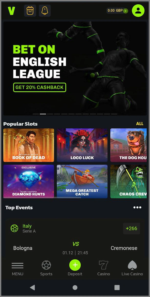 Optimized mobile version of the Velobet website