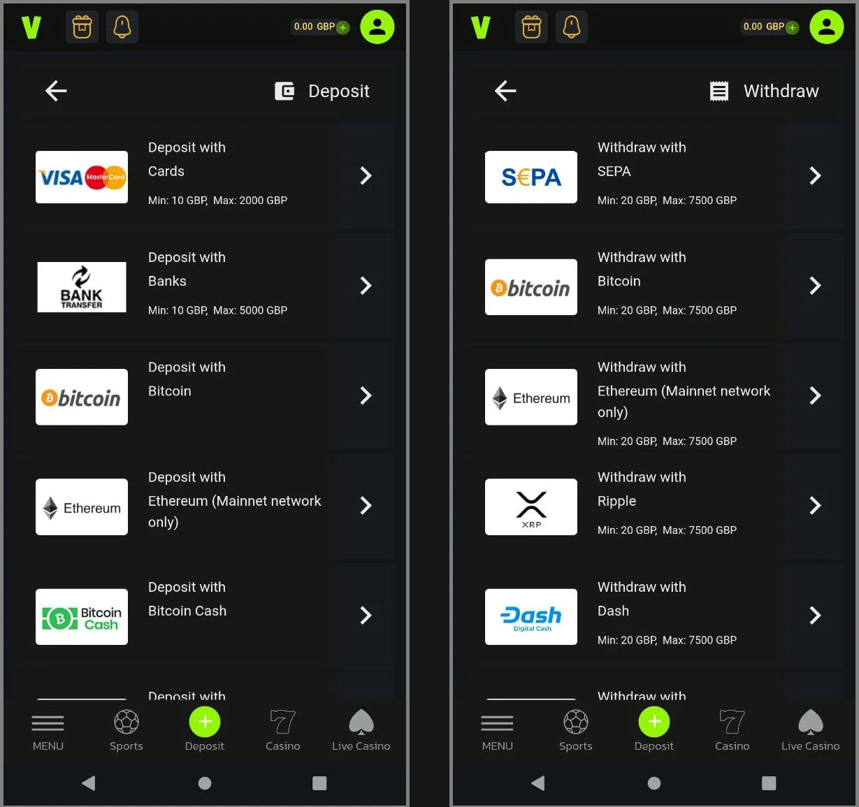 Overview of available payment methods at Velobet Casino for UK players